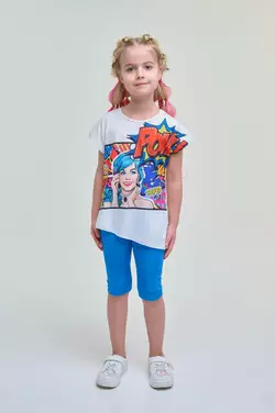 Комплект із синіх велосипедок та футболки з принтом комікс YК.22.42.011 Комплект із синіх велосипедок та футболки з принтом комікс YК.22.42.011