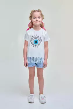 Комплект з молочної футболки з бахромою та джинсових шортів YК.22.42.032 Комплект з молочної футболки з бахромою та джинсових шортів YК.22.42.032