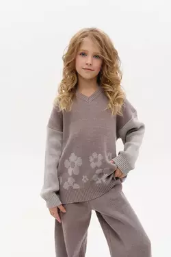 Джемпер для дівчинки, в'язаний трикотаж сірий з оливковим YU.22.09.006 Джемпер для дівчинки, в'язаний трикотаж сірий з оливковим YU.22.09.006